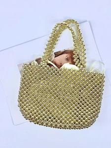 Handmade gold beaded handbag with satin lining and retro woven style for evening elegance