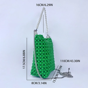 Detailed size guide of green beaded bucket bag with dimensions and pearl handle