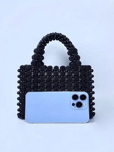 Sac à main en perles noires fait main avec perles brillantes pour soirées et galas