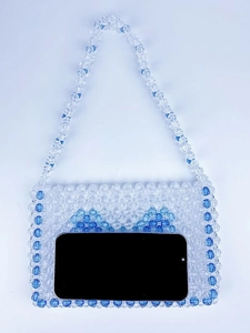 Handmade light blue beaded crossbody bag with butterfly pattern and crystal strap