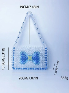 Handmade beaded shoulder bag with blue bow pattern and specific size measurements
