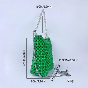 Detailed dimensions of green beaded bucket bag with pearl handle and metal chain