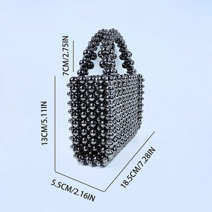 Detailed dimensions of the handmade dark grey beaded top-handle bag with measurements