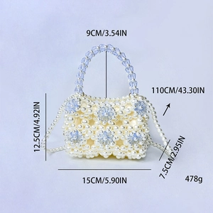 Detailed size view of acrylic pearl beaded bag with blue crystal flower patterns