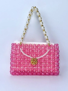 Mini sac à main perlé rose fait main avec anse en perles et breloque fleur dorée
