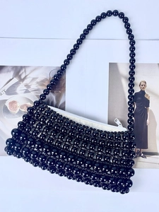 Handmade black beaded shoulder bag with pearl chain detail for elegant daily street style