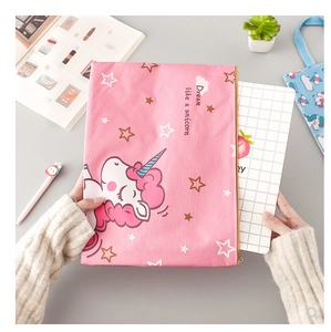 Pink canvas A4 unicorn file bag with golden zipper for stationery organization