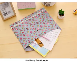Close-up of floral A4 file folder with felt lining and lace edge on a desk