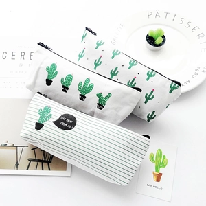 Minimalist canvas pencil case with cactus and flamingo patterns and zipper closure