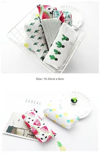 Detailed view of canvas pencil cases with cactus and fruit prints, size 19.35x8cm