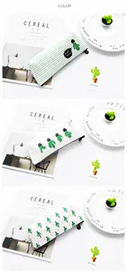 Detailed view of white canvas pencil cases featuring green cactus patterns and zippers