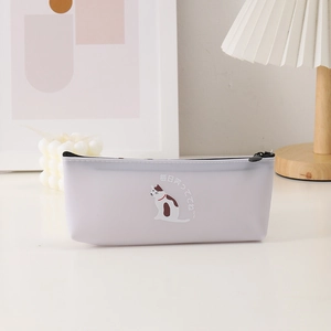 Detail of cute cat pencil case with Japanese text and minimalist zipper closure