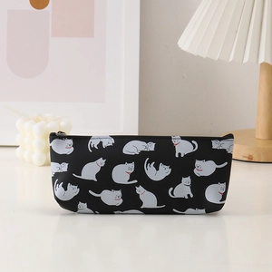 Cute black cat print pencil case with silicon zipper, stylish stationery storage pouch