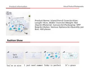 Detail view of large capacity canvas pencil case with zipper and motivational quotes
