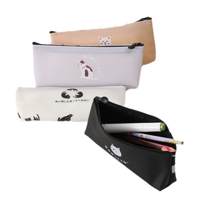 Cute silicone cat pencil cases in multiple colors with cartoon patterns and zipper closure