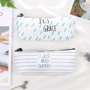 Canvas Pencil Case Large Capacity Stationery Pouch Korean Style Stripes Grid Aesthetic Zipper Bag For Student