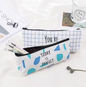 Minimalist island blue canvas pencil case with grid and geometric patterns for students
