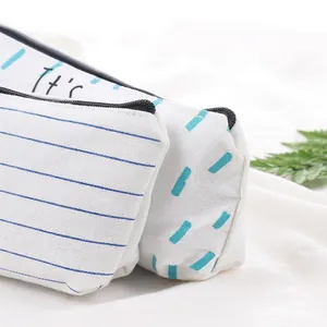 Blue island series canvas pencil case with minimalist linear design and black zipper