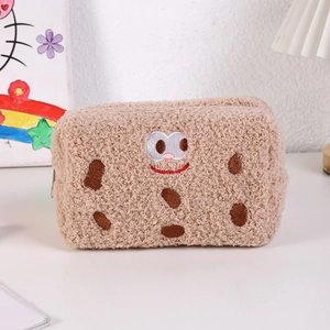 Close-up of the plush cookie pencil case showing fuzzy lamb wool and cute embroidery