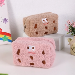 Cute sandwich cookie plush pencil case in pink and brown fluffy lamb wool fabric