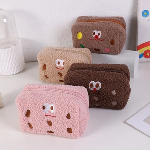 Cute Plush Pencil Case Sherpa Fleece High Capacity Biscuit Monster Embroidery Stationery Bag For Girls Students Ins Style