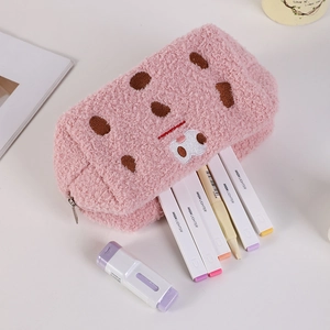 Pink sherpa plush pencil case with cute rabbit embroidery holding various highlighters