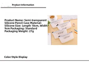 Detailed size and material specs for translucent silicone pencil case with 18x9cm dimensions