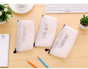 Macro view of translucent frosted pencil pouches with creative Chinese character designs