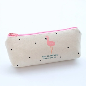 Close-up of canvas pencil case showing pink flamingo print and nice life text detail