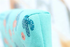 Detailed close-up of mint green canvas pencil case with flamingo and cactus patterns