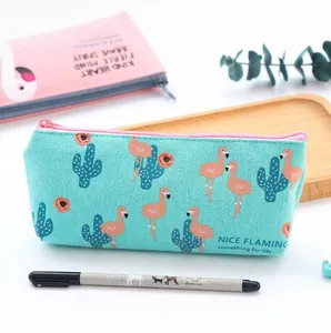 Minimalist flamingo canvas pencil case with large capacity and zipper for students