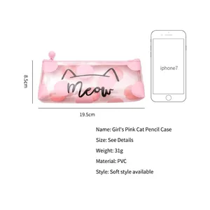 Pink cat-eared pencil case with Meow text, large capacity PVC stationery bag for girls