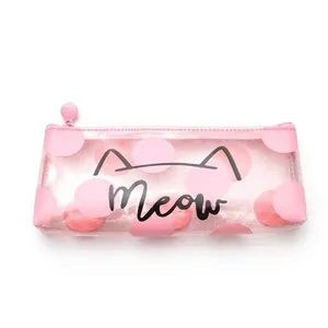 Cute pink translucent cat pencil case with glitter finish and meow print pattern