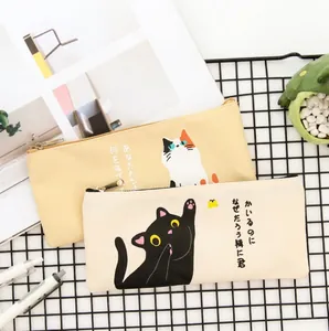 Cartoon Cat Canvas Pencil Case Large Capacity Zipper Stationery Organizer Pouch Student School Office Supplies Cute