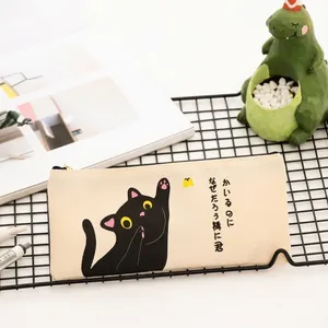 Cute black cat canvas pencil case with large capacity and zipper for students