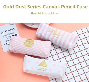 Detailed view of three pink canvas pencil cases with stripes and dots, size 20.5x8.5cm