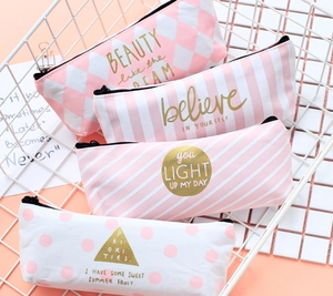 Pink White Canvas Pencil Case Large Capacity Stripes Dots Patterns Zipper Stationery Pouch Organizer For School Office Students