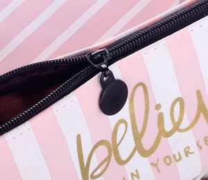 Pink striped canvas pencil case featuring a black zipper and gold Believe text print