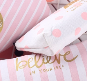 Pink striped canvas stationery pouch with gold inspirational text and zipper closure