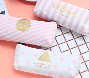 Pink striped canvas pencil case set with motivational quotes and black zipper closure