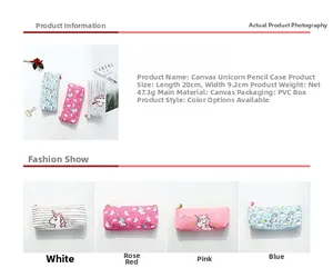 Detail showing unicorn canvas pencil case specs in white, rose, pink, and blue colors