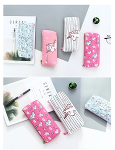 Detail of high-density canvas pencil cases with cute unicorn prints and top zipper