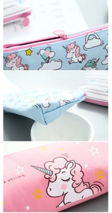 Detailed view of canvas unicorn pencil case with smooth zipper and durable stitching