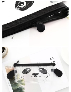 Detail of premium nylon zipper and cute panda face on transparent PVC pencil case