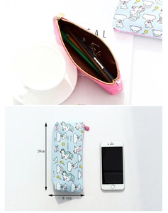 Detail view of unicorn canvas pencil case showing 20cm x 9.4cm size and storage capacity