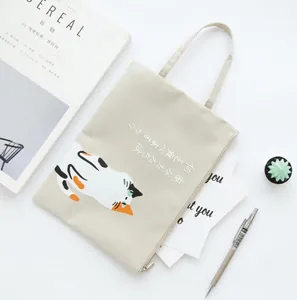 Borsa porta documenti in tela beige con stampa gatto e cerniera per fogli A4