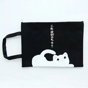 Borsa porta documenti A4 in tela nera con stampa di gatto bianco e maniglia per trasporto