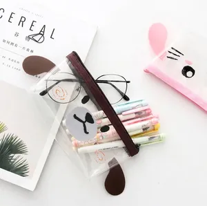 Clear PVC pencil case with cute animal ears and pet facial expressions for students