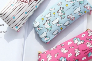 Cute unicorn canvas pencil bags for students in pink, blue and white stripe patterns