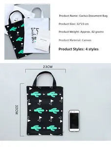 Detail of canvas document bag with cactus pattern showing 32x23cm size and sturdy handle
